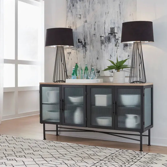 Aere Four Door Ribbed Glass, Metal and Wood Sideboard in Natural Ash and Black