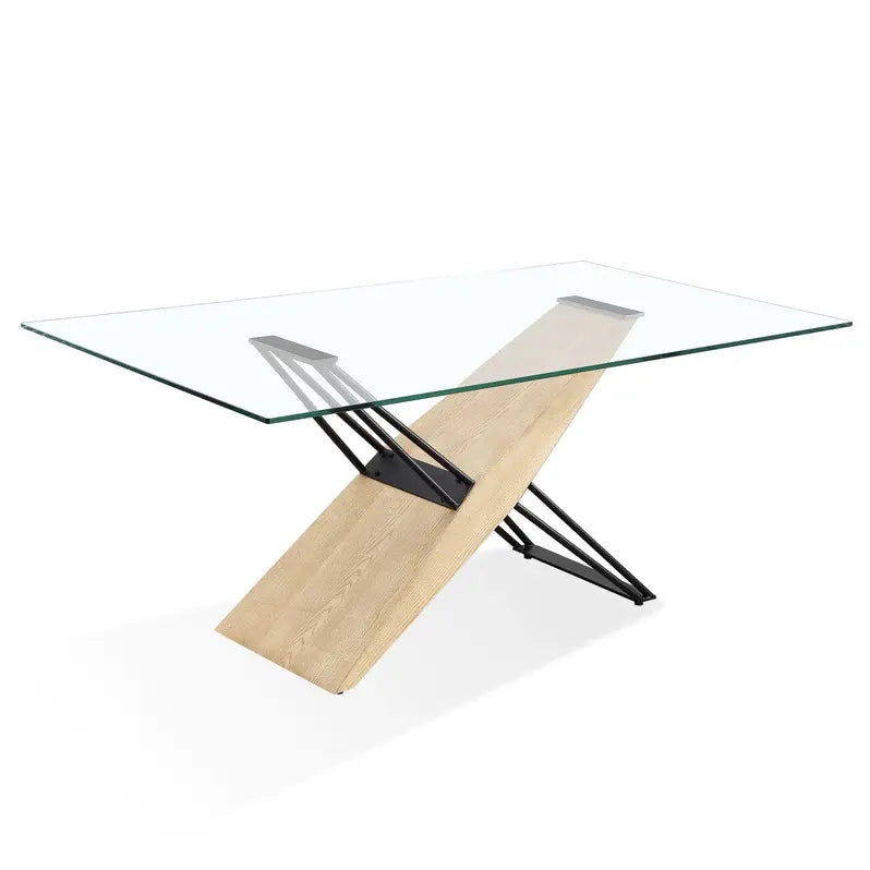 Aere Glass, Wood and Metal Rectangular Dining Table in Natural Ash and Black